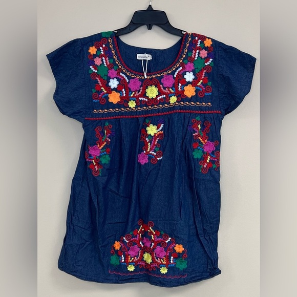 Embroidered Denim Dress with Colorful Floral Design - Picture 3 of 6